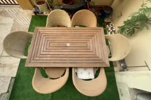 OUTDOOR TEAK-STYLE DINNING TABLE WITH 6 WICKER CHAIRS