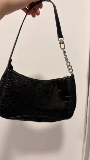 Black shoulder bag with silver chain with faux crocodile leather