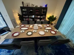 Large dining table (not extendable) with 8 comfortable chairs