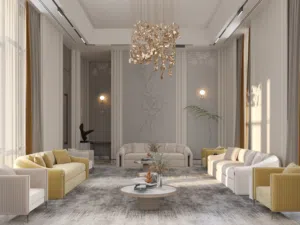 تصميم داخلي يشمل تفاصيل الارضيات والجدران والاسقف والاضاءة