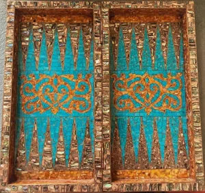 Backgammon & Chess Handcrafted Antique inlaid gemstones sea shell blue stone  Unique piece