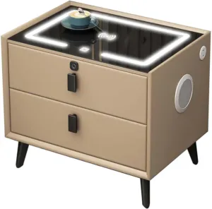 طاولة جانبية للسرير بفرش جلدي بلون "بيج" أو "توفي" Bedside table with leather upholstery in "beig  .