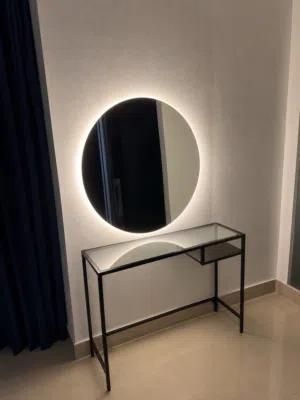 طاولة كونسول زجاج + مرآة دايرة مع لمبة Modern Glass Console Table + Round Mirror with Lamp