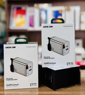 شاحن جدراي مدمج مع سلك 65واطGREEN LION PPS 49.5 W POWER DELIVERY GANPREMIUM UK PLUG 2 PORTS 67W PD