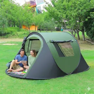 3-4 Person Instant Outdoor Tent designed for camping or beach use, featuring a green and black color
