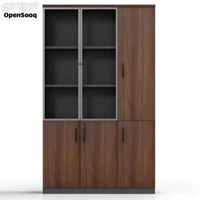 This is a modern wooden office filing cabinet with glass doors and locking compartments. 3