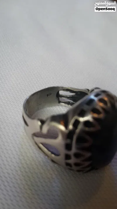 خاتم فضه مشغول يدوي زند عريض متوج بحجر لازورد مقاس 20 4