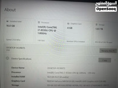 لابتوب لينوڤو مستعمل نظيف i7-8th 16ram 256 ssd 1T HDD كرتين شاشة MX 150 12GB مع قاعدة تبريد مجانية 4