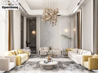 تصميم داخلي يشمل تفاصيل الارضيات والجدران والاسقف والاضاءة 2