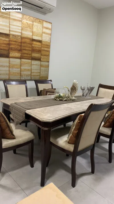 Dining table with 6 chairs - wooden frame, marble top inset 2