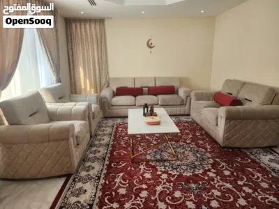 Beige upholstered living room set with red accent cushions - 3+1+1+2 w/curtains 3