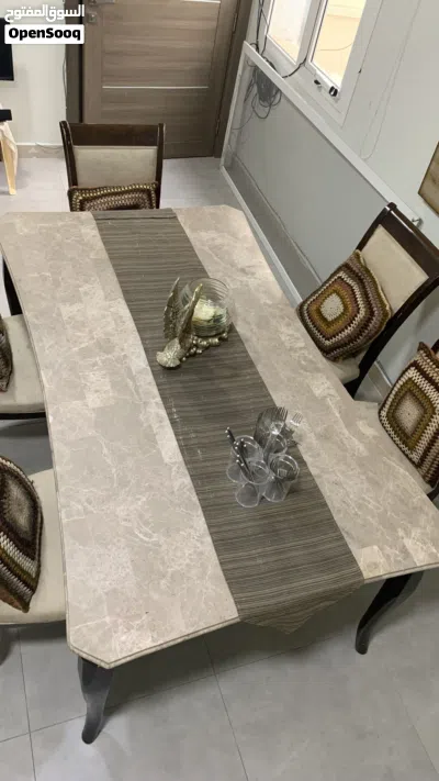 Dining table with 6 chairs - wooden frame, marble top inset 4
