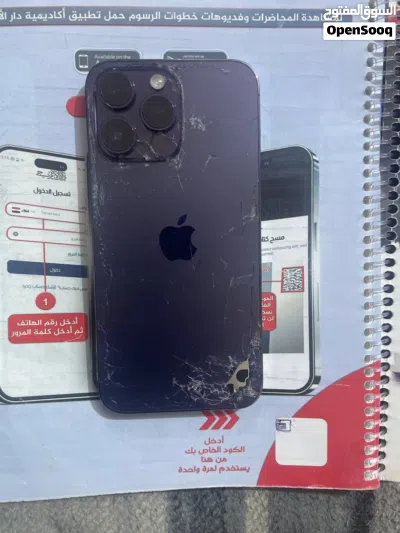 آيفون 14 برو ماكس لون بنفسجي ذاكرة 256 جهاز نضيف كارتونة لاصلي الجهاز كفالة ماستر ما عدة الضهر مكسور 3