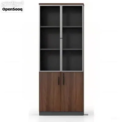 This is a modern wooden office filing cabinet with glass doors and locking compartments 2