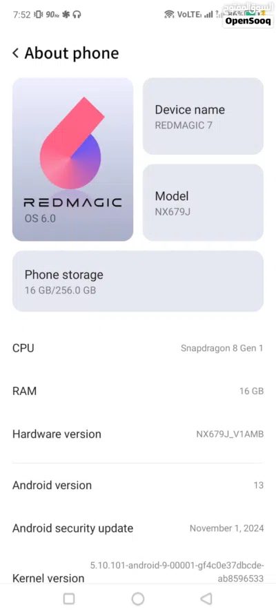 red magic 7.256gb. 16gb ram battery health 60% تلفون نضيف مافي شي مشكله بطارية 50% WhatsAp 3