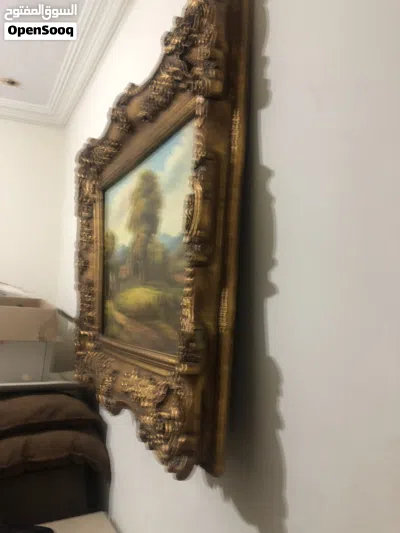 لوحة فنية قديمة كلاسيكية طراز فرنسي رسم طبيعي يدوي بالزيت تابلو فاخر لمشهد ريفي أوروبي إطار ذهبي 4