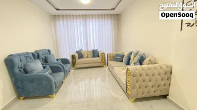 كنب استعمال بسيط لون بيج وازرق ثلاثية وثنائية ومفردتين 2