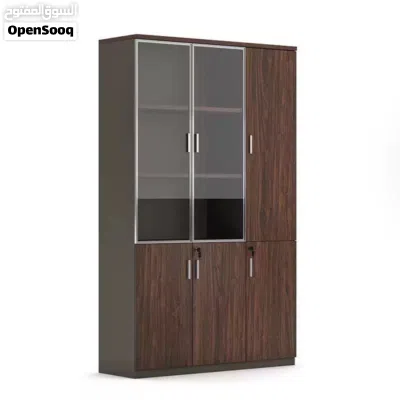 This is a modern wooden office filing cabinet with glass doors and locking compartments. 2
