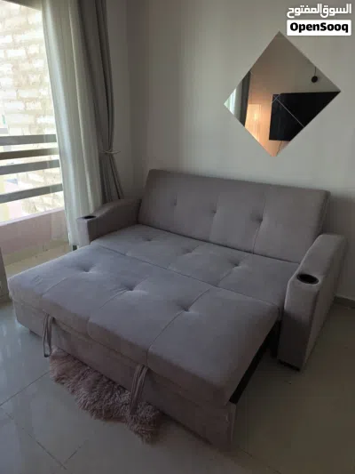 Luxury Convertible Sleeper Sofa Pull-Out Bed with Built-In Cup Holders Beige Fabric 2