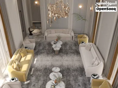 تصميم داخلي يشمل تفاصيل الارضيات والجدران والاسقف والاضاءة 3