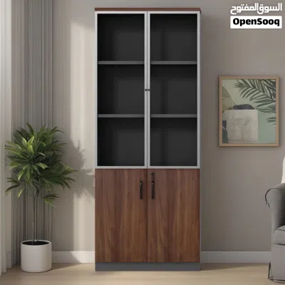 This is a modern wooden office filing cabinet with glass doors and locking compartments 3