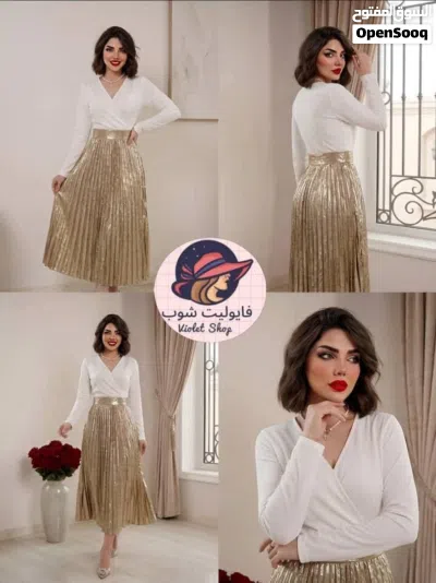 فستان أنيق وفخم للمناسبات والسهرات فستان راقٍ بتصميم عصري وأنيق، لون أبيض مع تنورة ذهبية لامعة 2