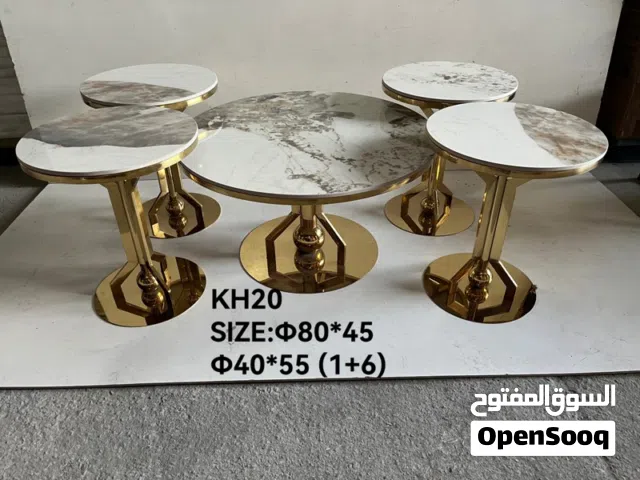 طقم طاولات قهوة وخدمة رخامي فاخر بقواعد ذهبية 7 قطع - KH20