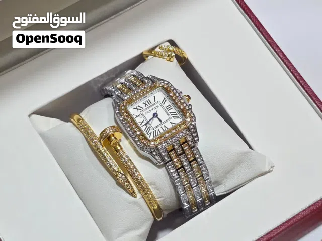 طقم كارتيير ساعة واسوارة وخاتم وبكج كارتيير بحجمين صغير وكبير من براند للساعات