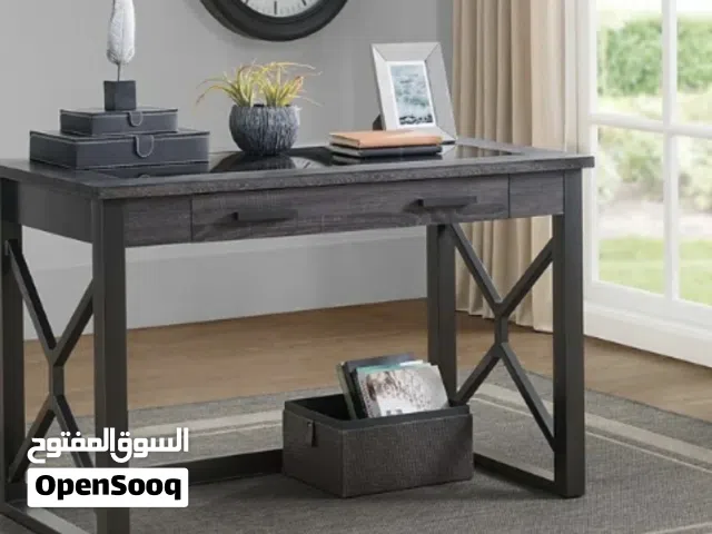 Executive Writing Desk – Espresso-Gray Wood & Black Glass
