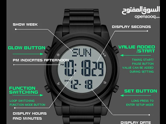 A stylish digital watch from SKMEI with an all-black metal design. It features a large digital displ