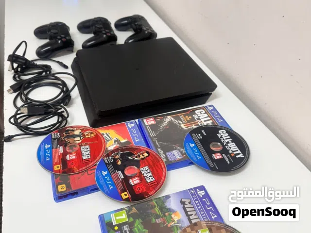 PS4 Slim 500GB (PlayStation 4) مع 3 Controllers و3 ألعاب – حالة ممتازة + جميع الأسلاك + قابل للتجربة