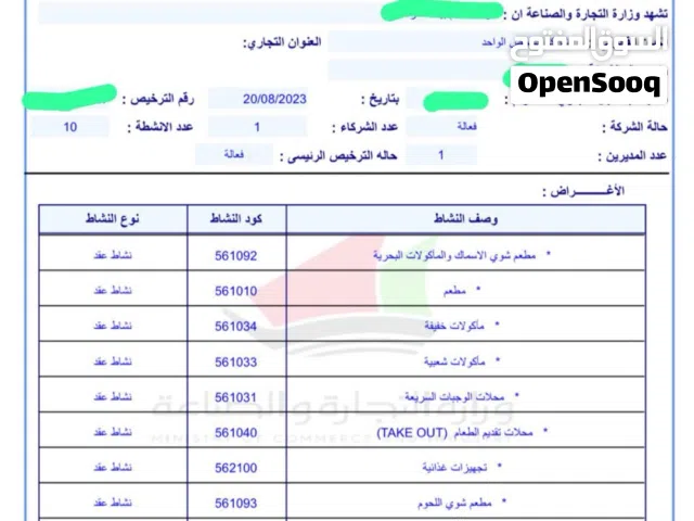 للبيع رخصة مطعم