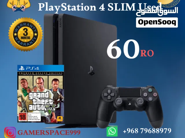 جهاذ بلاى ستيشن 4 سليم مع أسطوانة GTA وضمان 3 أشهور PlayStation 4 Slim console with GTA CD