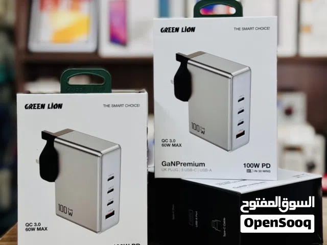 شاحن جداري 100 واط GREEN LION  QC 3.0  60w max Gampremium  Uk plug  3 USB-C USB-A 100W PD