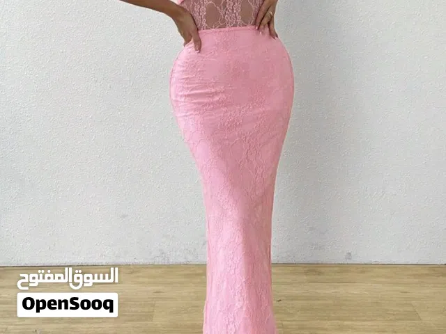 فستان سهرة ماكسي دانتيل وردي راقي جداً ملبوس مره واحد
