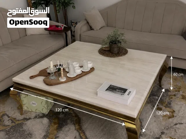 طاولة مجلس/ صالة رخام فخمة 120×120 سم بحواف ذهبية