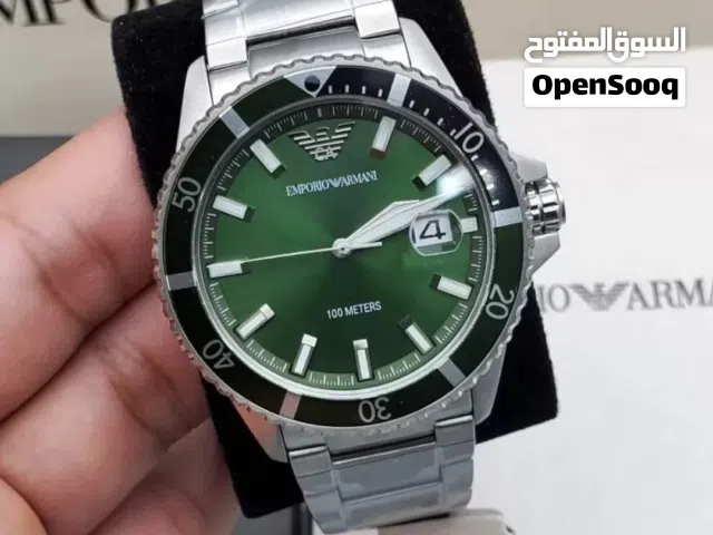 EMPORIO ARMANI AR11338 DIVER STAINLESS STEEL SILVER & GREEN TONE MENS WATCH