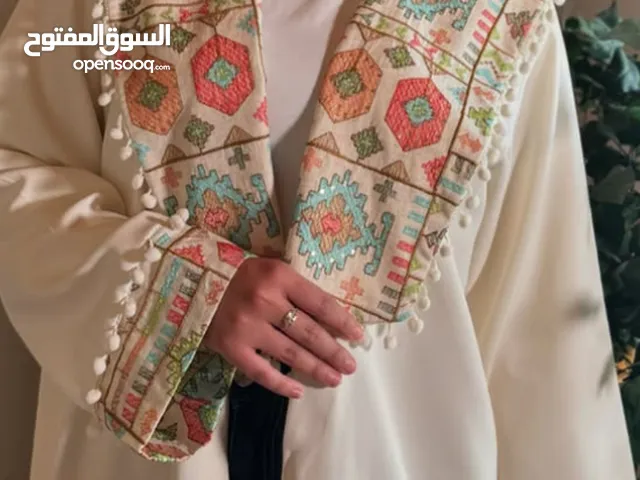 Elegant Off White Abaya with Traditional Pastel Embroidery - Free Size