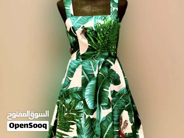 Dolce Gabbana Green White Palm Leaf Print Silk Embellished Sleeveless Dress