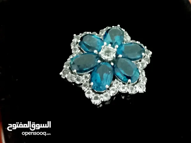 Luxury Designer Magnolia Blue Floral Cocktail Ring with Crystals