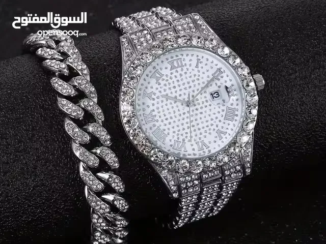 Men's Fashion Bundle: Hip-hop Cuban Bracelet, Steel Band Faux Diamond Watch