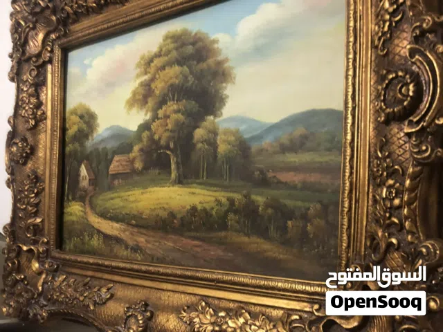 لوحة فنية قديمة كلاسيكية طراز فرنسي رسم طبيعي يدوي بالزيت تابلو فاخر لمشهد ريفي أوروبي إطار ذهبي