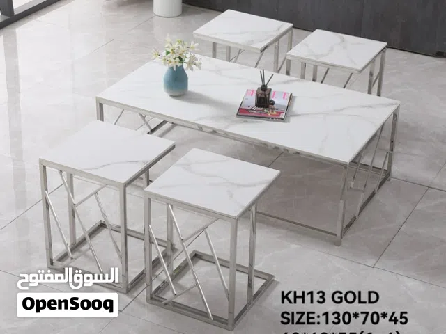طقم طاولة قهوة رخامي مودرن 6+1قطع مع إطار فضي هندسي - KH13 GOLD