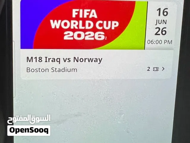 تذكرتين مباراة كأس العالم العراق X النرويج للبيع