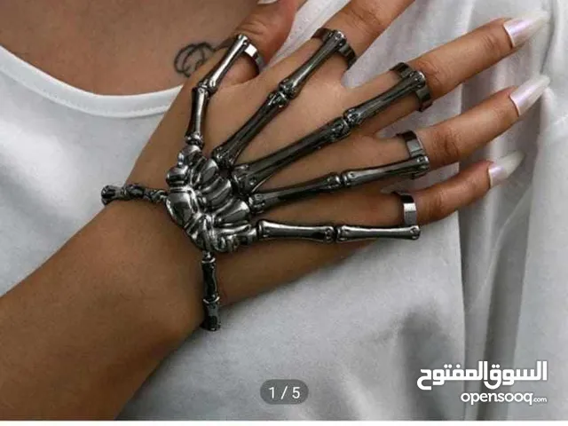 خاتم الجديد الموضة اسلوب بانك بتصميم يد هيكل عظمي قابل للتعديل خمسة اصابع اليد مع سوار