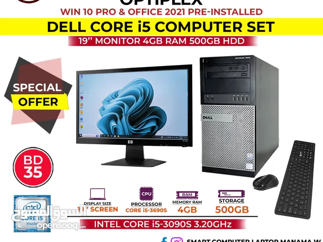 Dell Core i5 Computer Set - 3.10Ghz 4GB Ram 500GB HDD 19" FHD Monitor Win 10 Office -