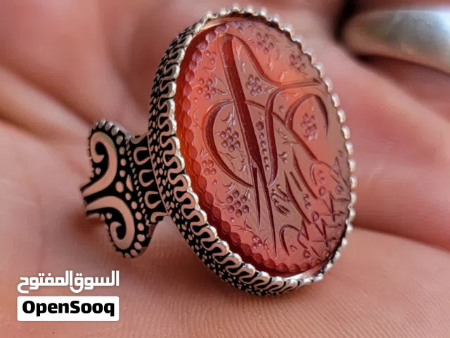 خاتم فضة وعقيق احمر منحوت ياعلي