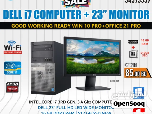 DELL Core i7 WIFI Computer Set With 23" Full HD Monitor 16GB RAM + 512GB SSD Ready To Use