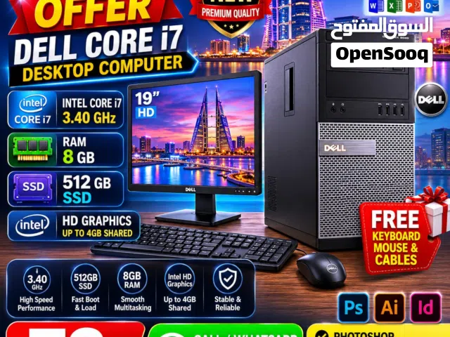 Dell Core i7 -Computer Set Speed 3.40Ghz 8GB RAM  512GB SSD Win 10 Pro 19′′ HD Monitor-/ WhatsApp