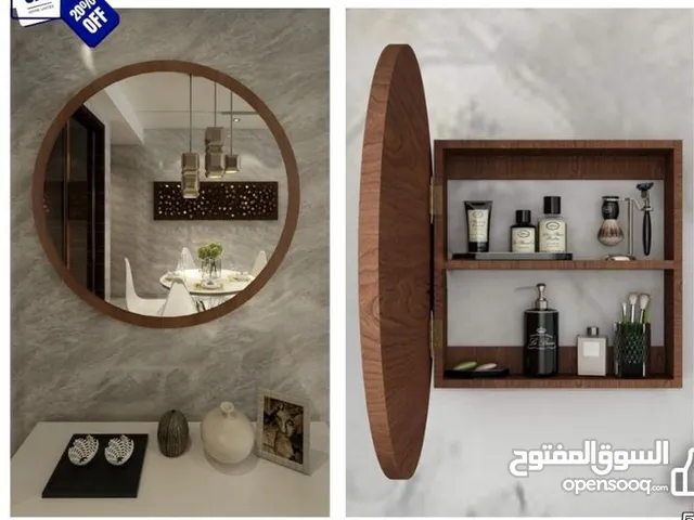 ديكور رف خزانة حمام مع مراية